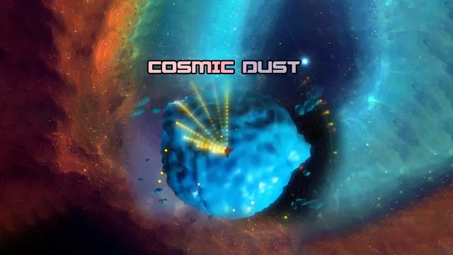 Cosmic Dust-logoet med en kosmisk baggrund og et rumskib på en lille planet