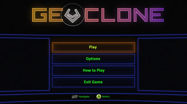 GeoClone-spilmenuen med knapperne Play, Options, How to Play, Exit Game
