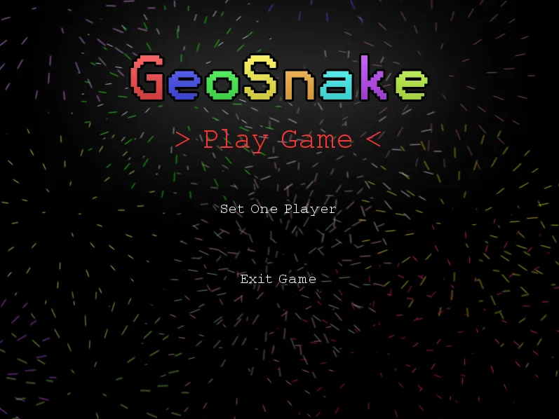A screenshot from the GeoSnake game menu. Showing Play Game, Set One Player and Exit Game. With fireworks in the background.