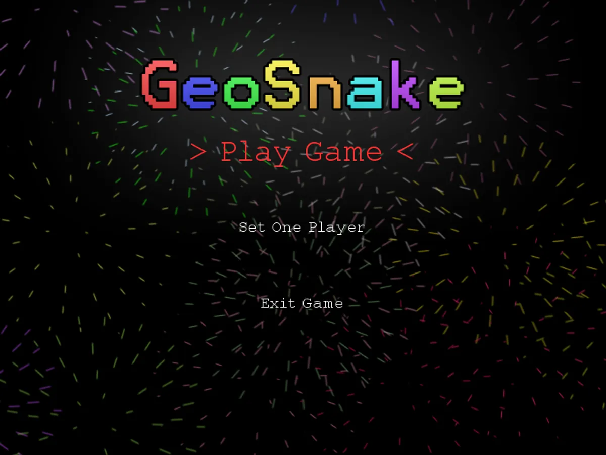 Et skærmbillede fra GeoSnake-menuen med mulighederne Play Game, Set One Player og Exit Game samt fyrværkeri i baggrunden.