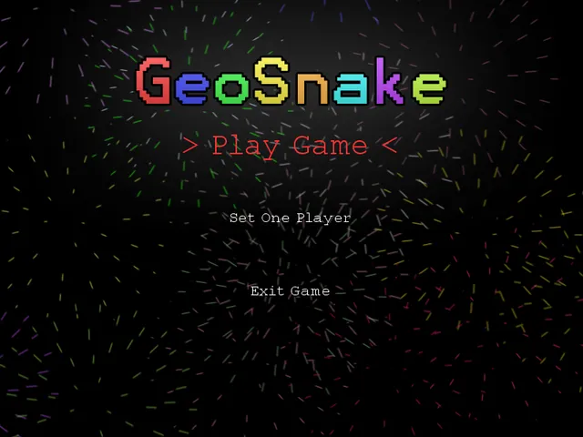 Et skærmbillede fra GeoSnake-menuen med mulighederne Play Game, Set One Player og Exit Game samt fyrværkeri i baggrunden.