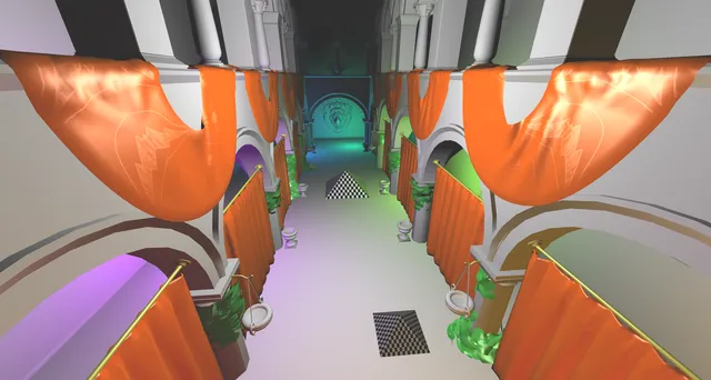 Farverige lys i en Sponza-scene