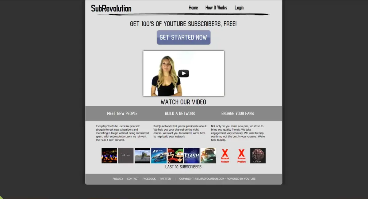 Skærmbillede af SubRevolution med teksten "Get 100's of YouTube Subscribers, free!"