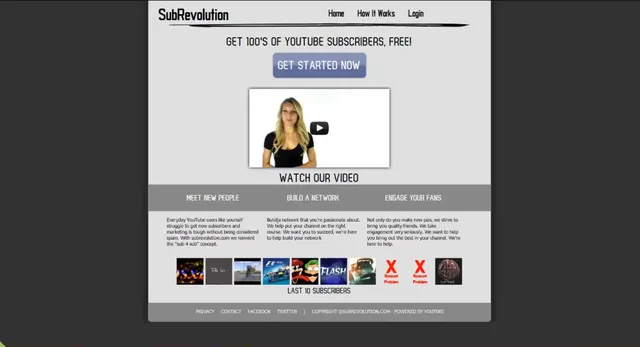Skærmbillede af SubRevolution med teksten "Get 100's of YouTube Subscribers, free!"